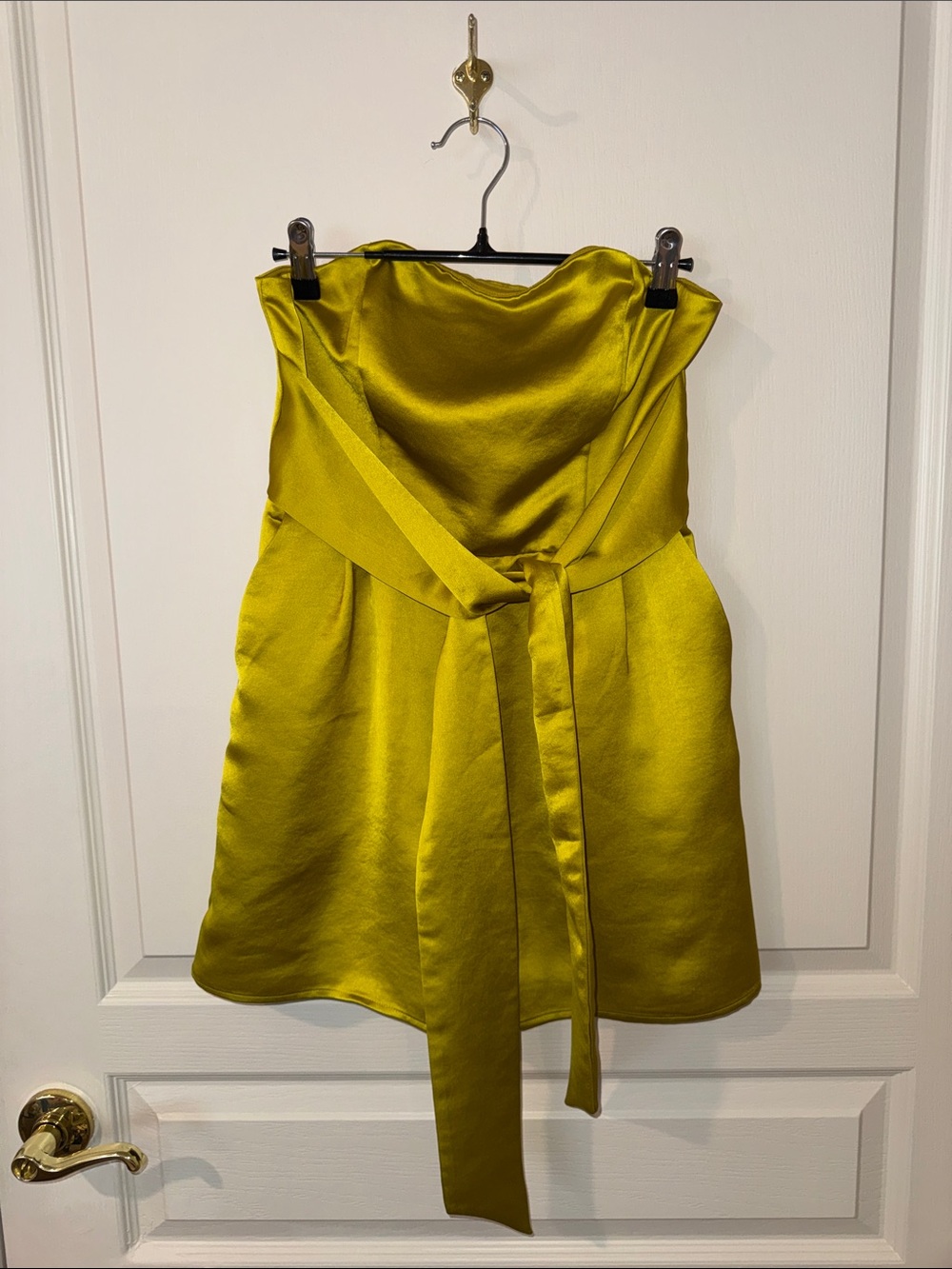 Express Strapless Satin Romper in Olive